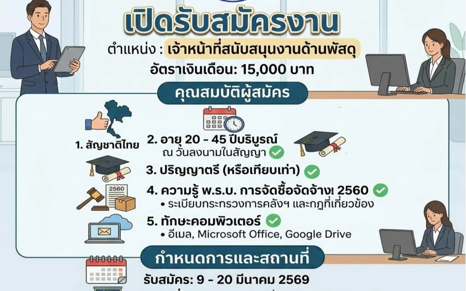 สำนักงานการท่องเที่ยวและกีฬาจังหวัดเพชรบุรี เปิดรับสมัครบุคคลเพื่อปฏิบัติงานในตำแหน่ง เจ้าหน้าที่สนับสนุนงานด้านพัสดุ จำนวน 1 อัตรา